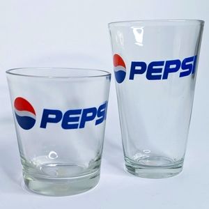 Vintage Pepsi Cola Clear Glass Tumblers Swirl Logo Red White Blue Set of 2